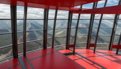 The facade is made of steel. The red ramp should remain. The floor should be made of Holt. You should see the mountains through the windows.,cableway,the observation deck,gondola lift,observation deck