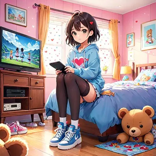 a girl in heart pattern underwear. stockings and platform sneakers. in her bedroom. she has teddy bears. there is a tv.,a girl sitting on a bed while holding a tablet in her hand,anime japanese clothi