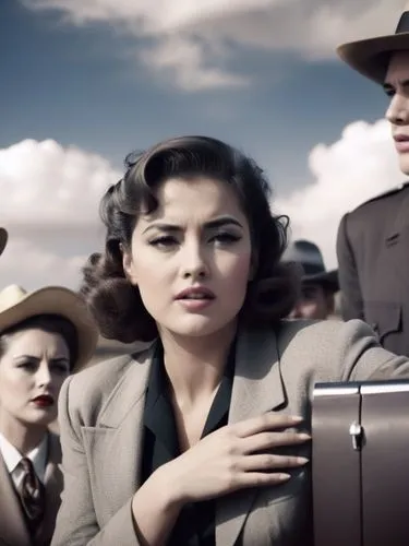 Historical scene in Texas,a woman wearing a suit coat and hat holding a briefcase,byomkesh,1940 women,neerja,stewardesses,madhubala,retro women,Photography,Black and white photography,Black and White 