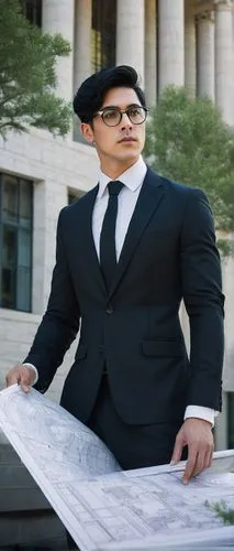 Architectural designer, male, 30s, professional attire, black suit, white shirt, tie, glasses, short black hair, serious facial expression, holding blueprints, standing in front of a modern university