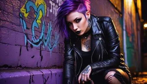 punk,goth woman,grunge,graffiti,punk design,purple wallpaper,alleyway,alley cat,dark purple,violet,brick wall background,alley,femme fatale,goth subculture,purple background,leather jacket,purple skin,gothic woman,mohawk,goth,Illustration,Retro,Retro 23