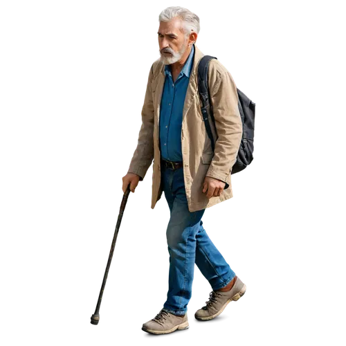 Hunchback, deformed spine, elderly man, worn-out clothes, walking stick, wrinkled face, grey hair, messy beard, tattered shoes, slow pace, morning sunlight, warm color tone, 3/4 composition, shallow d