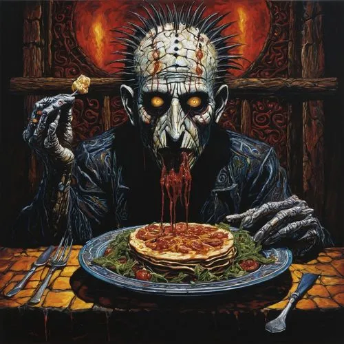 appetite,hellraiser,frankenfood,vecna,brotodiningrat,dismember,gorefest,hunger,blackened,mushroomhead,frankenfoods,feasts,crumb,ravenous,eathorne,restauranteur,stargrave,dining,dinter,torquemada,Illustration,Realistic Fantasy,Realistic Fantasy 33