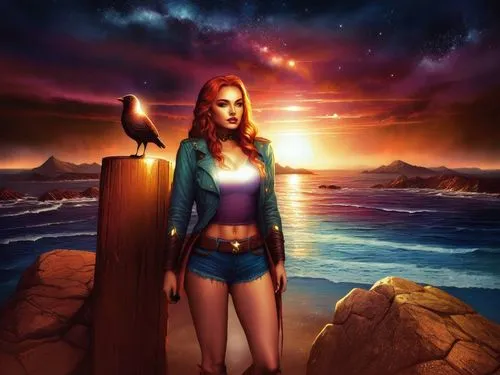 a woman stands near the ocean while a bird sits on the pole,fantasy picture,inanna,fantasy art,sci fiction illustration,world digital painting,mermaid background,Illustration,Realistic Fantasy,Realist