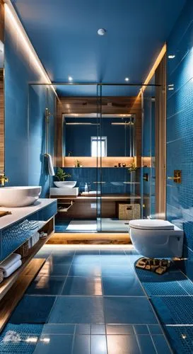 The dimensions and placement of the items in the bathroom will remain constant, the material and decoration of the bathroom will change according to the design in the reference image.,a blue tiled bat