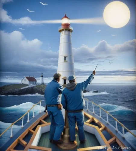 Two fishermen on the fishing ship's deck, one of them point at the lighthouse in the distance, the lighthouse is shinning,two men point at a lighthouse on the deck of a ship,lightkeepers,sailors,light