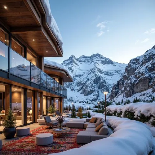 Snow-capped mountains, frosty windows, wooden chalets, eco-friendly materials, green roofs, solar panels, wind turbines, energy-efficient systems, modern ski center architecture, curved lines, minimal