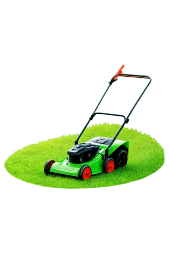 lawn mower, green grass, sunny day, summer season, realistic sounds, dynamic movement, rotating blades, vibrant colors, shallow depth of field, soft focus, 3/4 composition, warm lighting.,a lawn mower