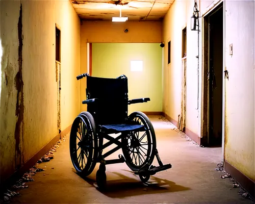 Creepy atmosphere, old abandoned asylum, dark corridors, flickering fluorescent lights, peeling walls, rusty medical equipment, broken wheelchairs, spooky shadows, eerie silence, haunted eyes, ghostly