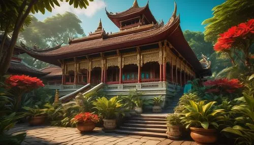 thai temple,peranakan,asian architecture,buddhist temple,teahouse,peranakans,baan,dojo,taman ayun temple,shambhala,tropical house,angsana,javanese traditional house,white temple,pagodas,traditional house,kampung,vietnam,palyul,buddhist temple complex thailand,Art,Classical Oil Painting,Classical Oil Painting 38