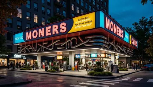 Vibrant gas station, eclectic facade design, bold color scheme, irregular shapes, mixed materials, industrial pipes, neon signs, retro-futuristic elements, distressed textures, urban landscape, busy s