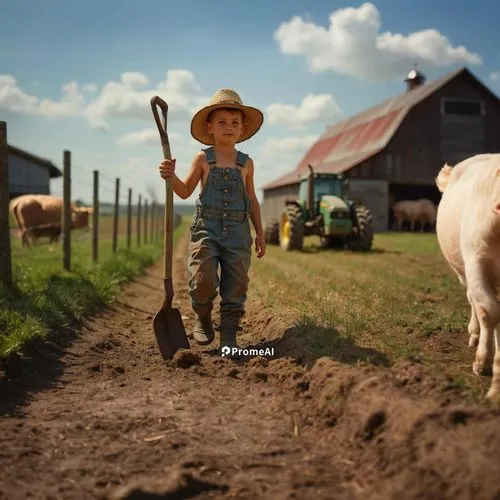 Young boy on a farm with cows pigs and sheep with a barn in the background in sunshine with a fence with crops,a boy walking away from a horse and pulling a plow,farmer,farmhand,farm animal,farmboy,co