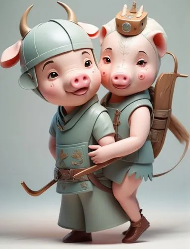 left man face off cow. right woman face off pig,an image of two pigs in armor,little pigs,piglets,porkers,piggot,pigs,kawaii pig,Conceptual Art,Sci-Fi,Sci-Fi 06