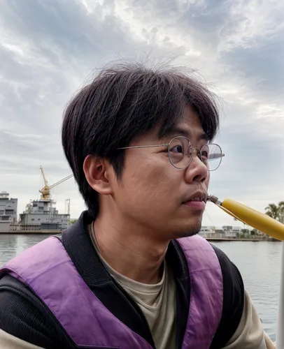 a man is sitting on the boat while looking at soing,hydrophone,boatman,yoshihiko,mitsuharu,patlabor,monopod fisherman