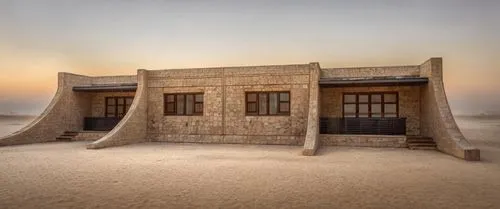 In a desert environment, an existing old looking building emerges from the fog, the building stones are organic and in various tones of beige, the glass windows reflect the dunes in the distance, it a