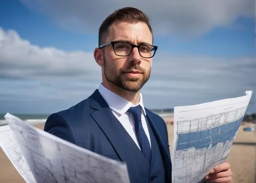 Male architect David Wright, 35-40 years old, standing confidently, wearing black-framed glasses, short brown hair, trimmed beard, formal business attire, white shirt, dark blue suit, tie with subtle 