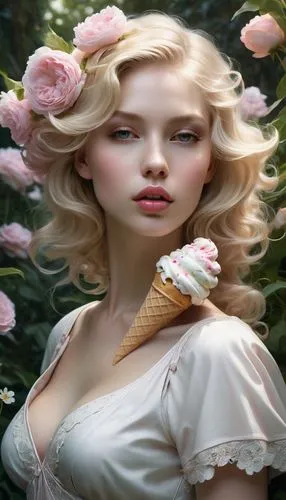 ate heart shaped ice cream, garden of eden, blonde hair, innocent beautiful pale pink lips, the power of love in a swirl of flowers, ,a painting shows a blonde girl eating an ice cream cone,fanning,wo