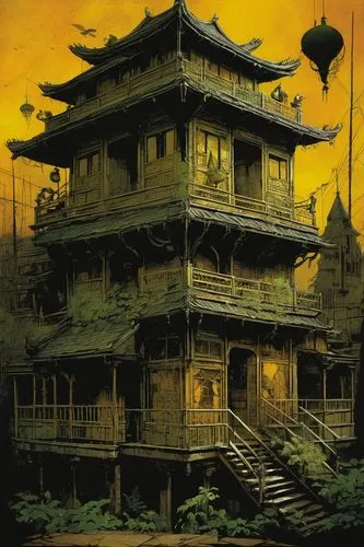 the golden pavilion,ukiyoe,asian architecture,imagawa,jinchuan,golden pavilion,pagodas,tsuneo,narayama,kunichika,shambhala,muramasa,urakami,edo,tatsuma,ancient house,kiyomizu,jigoku,mandarin house,yoshikuni,Illustration,Realistic Fantasy,Realistic Fantasy 29