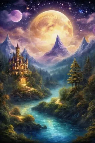 fantasy landscape,fantasy picture,fantasy art,landscape background,fairy tale castle,fairy world,dream world,fantasy world,moonlit night,dreamland,moon and star background,fairy tale,lunar landscape,fairytale castle,3d fantasy,forest landscape,home landscape,mountainous landscape,a fairy tale,mountain landscape,Illustration,Realistic Fantasy,Realistic Fantasy 37