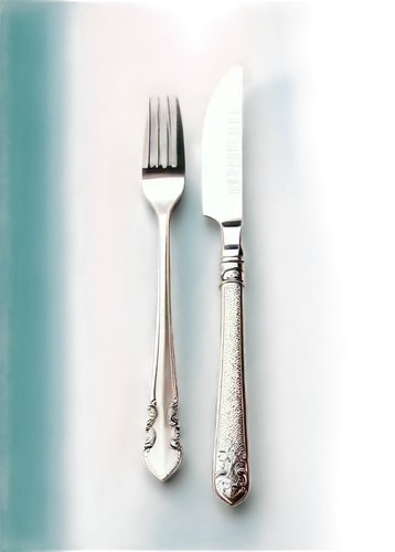 Fork, knife, stainless steel, silver handle, detailed texture, reflective surface, sharp edge, dining utensils, still life, overhead view, 1/2 composition, soft box lighting, realistic rendering.,knif