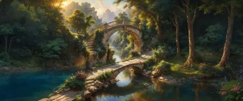 a painting of a scenic bridge crossing a stream,rivendell,dragon bridge,adventure bridge,fantasy picture,fantasy landscape,gondolin