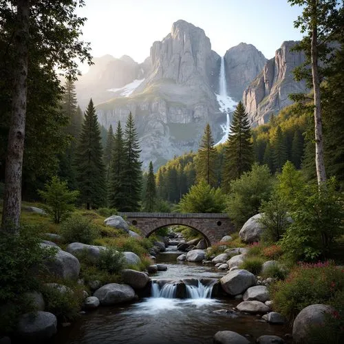 Majestic mountain peaks, rugged rocky terrain, serene misty atmosphere, lush green forests, towering trees, gentle waterfalls, meandering streams, weathered stone walls, rustic wooden bridges, vibrant