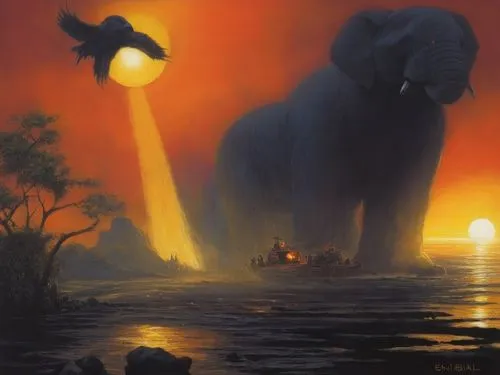 sunset in africa ,zambezi,nile,pleistocene,obatala,megafauna,gigantopithecus,okavango,colossi,fantasy picture,mcquarrie,zambezian,mastodon,titan,megalon,elephants,primeval,night scene,animals hunting,