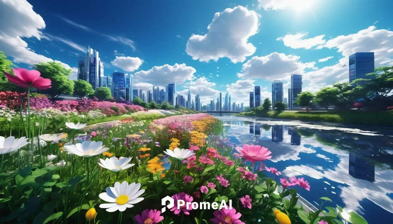 generate an 4k ultra HD anime style image of a beautiful flower garden situated at a bank of river ,far camera perspective ,highly detailed cloud visible ,high contrast image,landscape background,natu