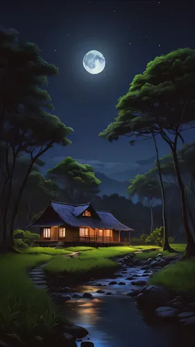 moonlit night,world digital painting,night scene,home landscape,house in the forest,lonely house,landscape background,summer cottage,house by the water,small cabin,cottage,the cabin in the mountains,digital painting,beautiful home,log home,log cabin,holiday home,moonlit,house with lake,romantic night,Conceptual Art,Fantasy,Fantasy 03