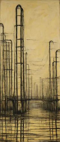 mondrian,fish traps,matruschka,oil platform,industrial landscape,reeds,pylons,harbor cranes,oil industry,masts,industrial tubes,docks,telephone poles,marsh,vincent van gough,phragmites,frame drawing,refinery,container cranes,stilt houses,Art,Artistic Painting,Artistic Painting 01