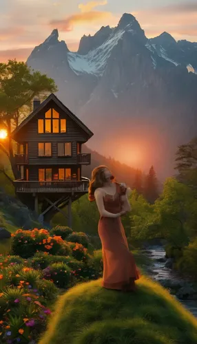 ghibli,alpine sunset,disneynature,studio ghibli,alpine landscape,home landscape