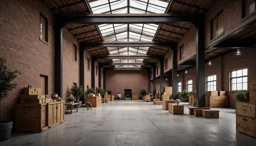 Rustic warehouse, exposed brick walls, metal beams, wooden crates, industrial lighting, open storage spaces, concrete floors, minimalist decor, functional layouts, efficient circulation paths, high ce