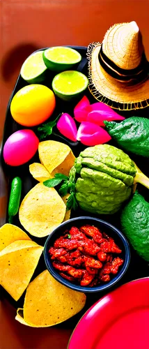 colorful Mexican dishes, solo, vibrant colors, tacos al pastor, carne asada, chiles rellenos, guacamole, salsa, warm tortilla chips, festive table setting, sombrero, maracas, piñata, morning sunlight,