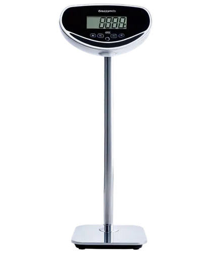 Digital weight scale, electronic display, silver metal body, rounded edges, flat surface, black buttons, LCD screen, numerical digits, unit conversions, compact design, modern style, reflective surfac