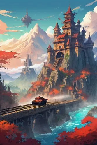 fantasy landscape,futuristic landscape,landscape background,tianxia,ancient city,volcanic landscape,world digital painting,jinchuan,firelands,yamatai,shambhala,dalixia,game illustration,fantasy picture,high landscape,japan landscape,mountainous landscape,songhai,hinterlands,mushroom landscape,Illustration,Japanese style,Japanese Style 03