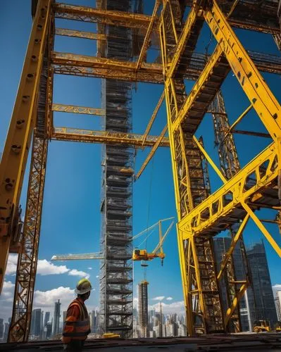 Modern skyscraper, futuristic design, steel beam structure, intricate welding patterns, reflective glass facade, angular architecture, urban cityscape, busy streets, towering crane, construction worke