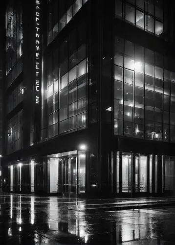 Futuristic skyscraper, metallic materials, sleek lines, neon lights, urban cityscape, night scene, rainy atmosphere, puddles reflecting city lights, shallow depth of field, misty fog effect, dramatic 