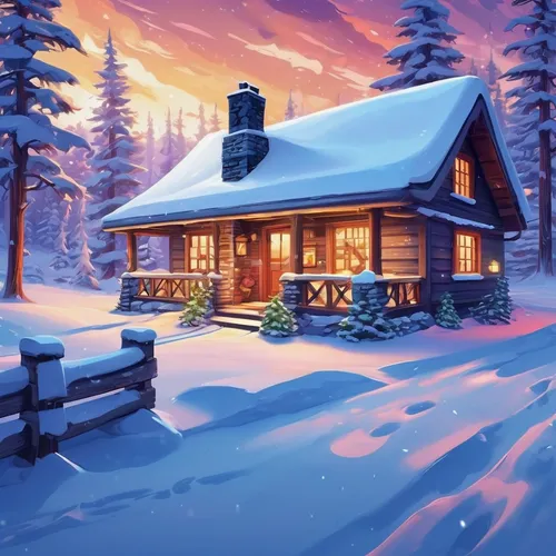 Create a cozy Christmas desktop wallpaper with a snow-covered cottage and flickering fireplace.,winter house,christmas landscape,winter background,christmas snowy background,snow scene,winter village,