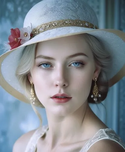 Close-up portrait of a young woman with striking features, displaying a thoughtful or introspective expression. Her face is highlighted by bright blue eyes, red lipstick, and delicate freckles dusting