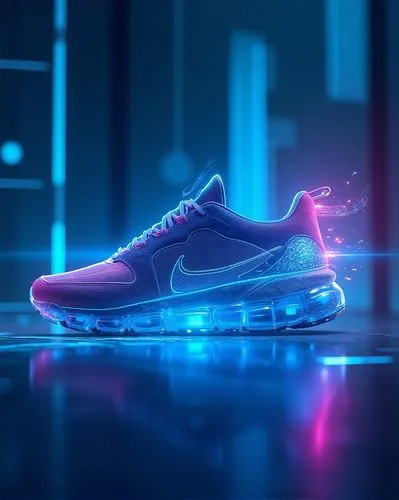 A cutting-edge sneaker with a built-in holographic display on its side is showcased in a high-tech environment. Use a 35mm lens at f/4 to capture both the shoe and its futuristic backdrop. Employ LED 