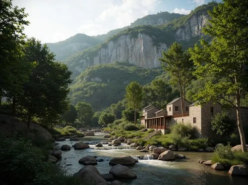 Serene mountainous backdrop, lush green forests, winding rivers, rustic stone walls, wooden bridges, natural rock formations, curved lines, organic architecture, harmonious integration, blending bound