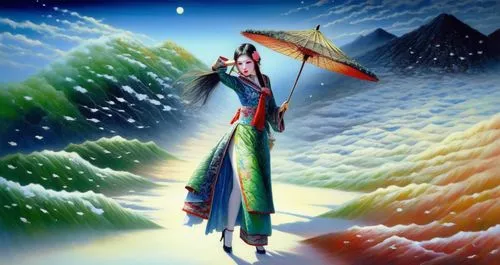 An amazing japanese young woman  with red lips and green eyes,a painting of an oriental lady holding an umbrella,vajrayana,padmasambhava,bhagavatam,ardhanarishvara,kaliyuga,rinchen,Illustration,Japane