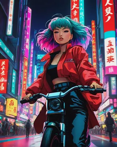 Akira, meme generator, Japanese style, bright colorful background, neon lights, futuristic cityscape, Tokyo streets, 3D anime-inspired art, bold lines, vibrant hair colors, exaggerated facial expressi