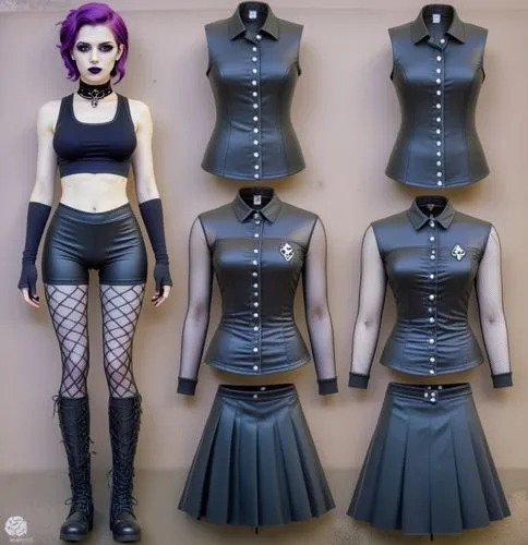 Paper doll 2d cartoon goth purple haired girl in black sleeveless shirt , black spandex shorts, complete full length fishnet and black goth knee Boots, standing surrounded by with a set of goth fashio