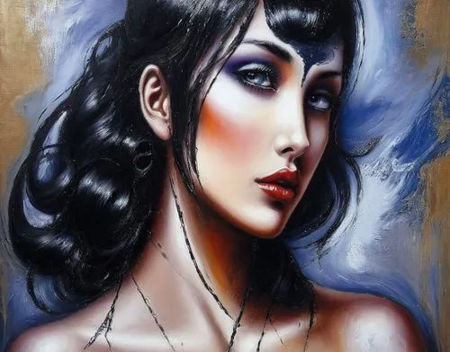 Passion Sexy Painting ,Naked Woman  Abstract Body Art Oil Painting,a painting of a woman with black hair wearing a dress,art deco woman,viveros,airbrush,winehouse,musidora,watercolor pin up,Illustrati