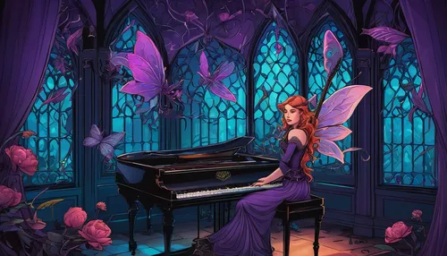 pianist,iris on piano,piano,vanessa (butterfly),concerto for piano,the piano,piano player,piano lesson,butterfly lilac,la violetta,music fantasy,pianos,serenade,grand piano,fairy tale character,aurora butterfly,composer,symphony,music chest,butterfly background,Illustration,Realistic Fantasy,Realistic Fantasy 45