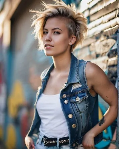 pixie-bob,girl in overalls,jean jacket,denim jacket,denim,wallis day,pixie cut,pixie,denim background,mohawk,punk,denim jumpsuit,cool blonde,short blond hair,overalls,blonde woman,vest,pompadour,greta oto,tori,Conceptual Art,Daily,Daily 03