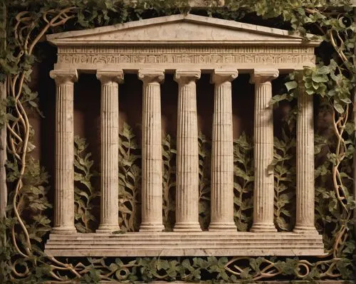 Ancient Greek temple, Doric order, ornate columns, carved metopes, triglyphs, frieze, pediment, sculptures, marble material, detailed carvings, weathered texture, warm sunlight, dramatic shadows, low-