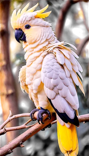 Colorful cockatoo bird, white plumage, vibrant yellow crest, black beak, big round eyes, fluffy feathers, perched on branch, spread wings, morning sunlight, soft focus, shallow depth of field, warm co