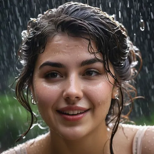 wet girl,rain shower,wet hair,smile,young woman,portrait,Art,Classical Oil Painting,Classical Oil Painting 15